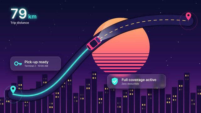 Animated car driving on a winding road through a synthwave city at night with ride-sharing app UI elements, flat design motion graphics