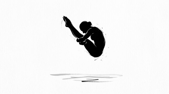 Diving female gymnast silhouette ink sketch isolated on transparent background for sports concepts.