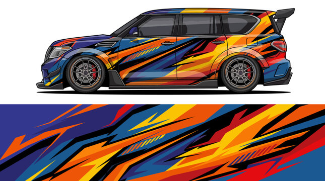 Colorful racing car with vibrant flame decal design.