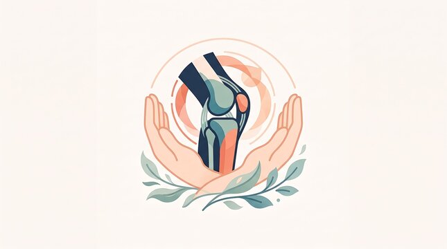 Knee joint care vector illustration showing supporting hands and natural leaves for joint health and orthopedics.