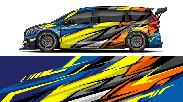 Colorful rally car with dynamic racing decals design.