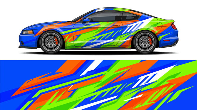 Colorful sports car with vibrant racing decals design.