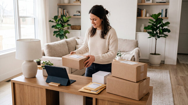 Woman holding package preparing for shipping in a cozy home office with plants and furniture