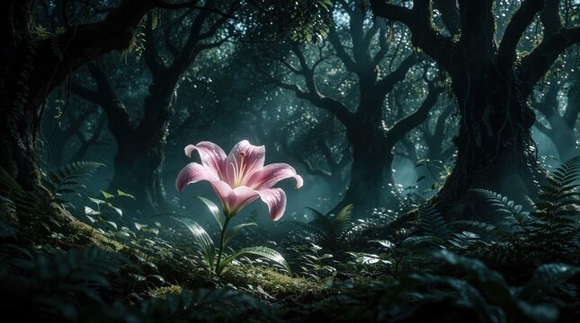 Single pink lily flower glows in dark mystical forest. Surreal fantasy landscape with magical light beams through old trees. Enchanted jungle flora grows in foggy woodland. Dreamy cosmic atmosphere