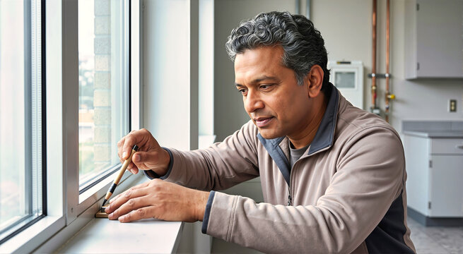 South Asian man testing window for air leaks using a smoke pencil during home energy audit. Male specialist performing weatherization sealing inspection to improve residential heating efficiency