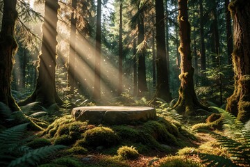 Obraz premium Stone podium sits in enchanted forest with sun rays through trees. Mossy ground with ferns, magical light atmosphere. Empty circular platform for product display fantasy scene in green woods. Nature