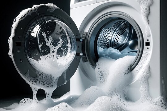 White washing machine door open with excessive soap suds overflowing on floor. Domestic appliance malfunction causes huge foam mess, water spill. Laundry detergent bubbles flood bathroom laundry room