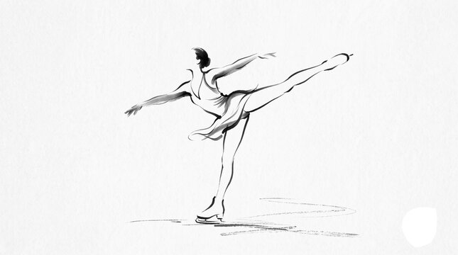 Elegant female figure skater performing graceful arabesque spin in hand drawn artistic ink sketch.