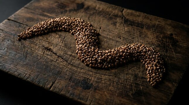 Organic buckwheat groats arranged in heart shape on rustic wooden board with copy space