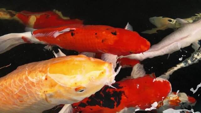 Slow Motion of Crowd of Colorful Koi Fish Swarming and Swimming in Pond