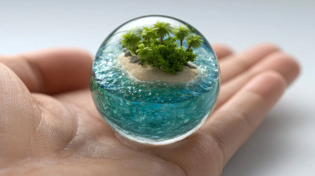 Miniature tropical island with palm trees inside a glass sphere on han