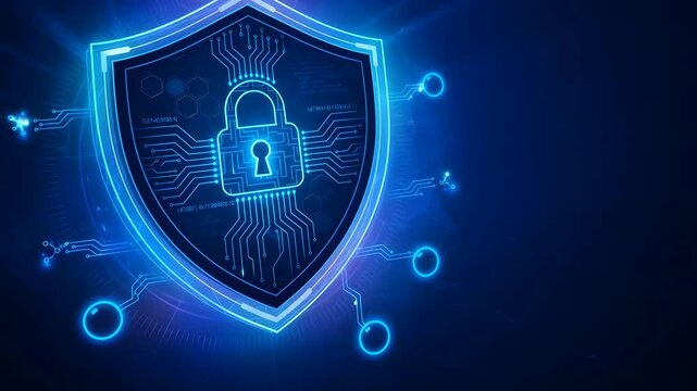 Cybersecurity shield icon with digital padlock in a virtual data network