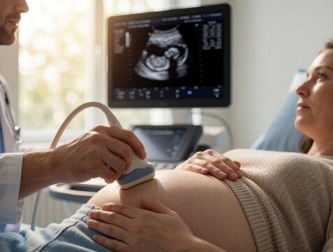 Pregnant woman on prenatal ultrasound scan in medical clinic. Doctor uses probe on belly to check fetal development on monitor. Expectant mother watches sonogram screen during routine maternity