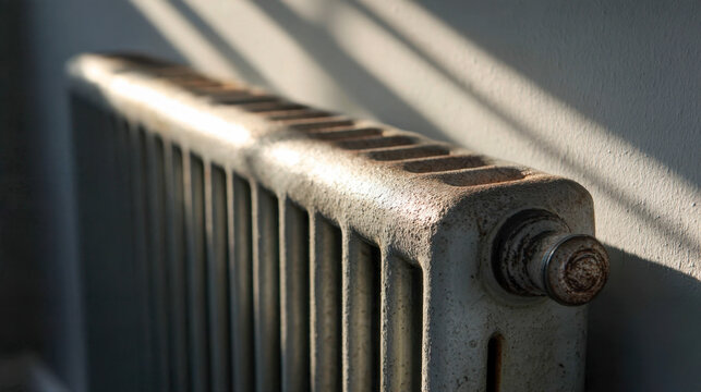 Old rusty radiator against a white wall with sunbeams