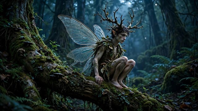 Male Forest Fairy with Antlers Crouched on Mossy Tree Trunk