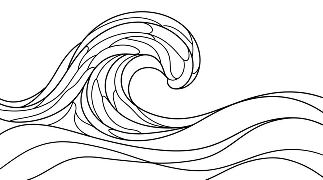 Gentle flowing wave coloring page, black and white line art with clean bold outlines to color for adults and kids