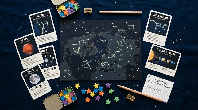Astronomy educational kit with constellation map and flashcards for night sky observation
