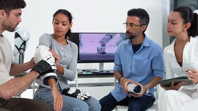 Team fits a white robotic arm shell onto a seated woman's upper arm while a colleague in a blue shirt holds a cylindrical prosthetic part, wide seated view