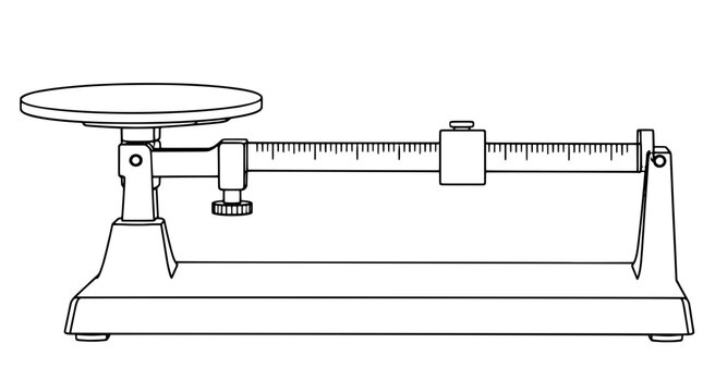 Black outline vector icon of a beam balance scale with pan, beam and sliding counterweight on base, drawn with thin black lines in side view centered against white backdrop for precise measurement