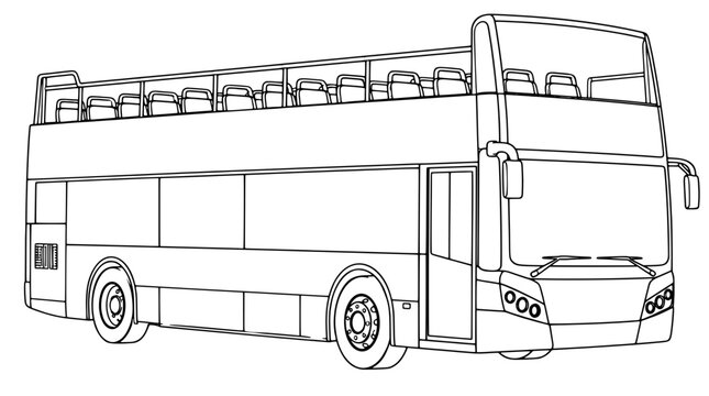 Black outline vector icon of an open top double decker bus with upper seats, windshields, mirrors and two wheels drawn with thin lines in side front view against white backdrop for city tour service