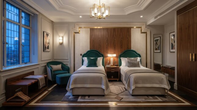 Twin bedroom with green scalloped headboards and geometric chandelier