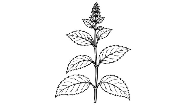 Line art illustration of a lush peppermint sprig with opposite serrated leaves, square stem and dense flowering spike at the top drawn with thin fine black lines in vertical botanical study