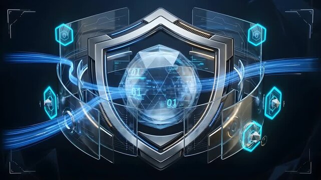 Digital data security shield with glowing binary code in 4k motion