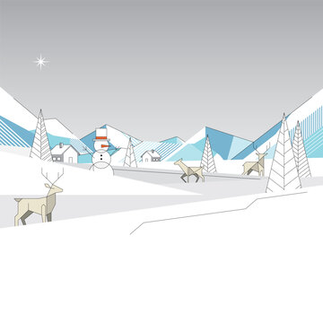 Minimalist geometric winter wonderland with dusk sky background modern retro style square template have blank space.