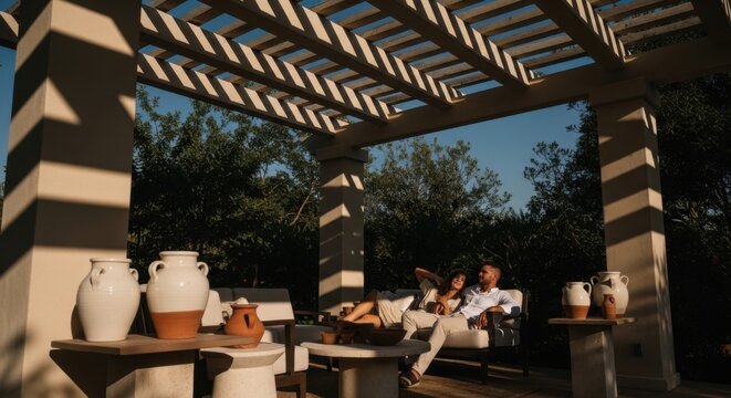 Couple Relaxing Under Pergola on Sunny Day Outdoor Living Space with Terracotta Vases Lifestyle