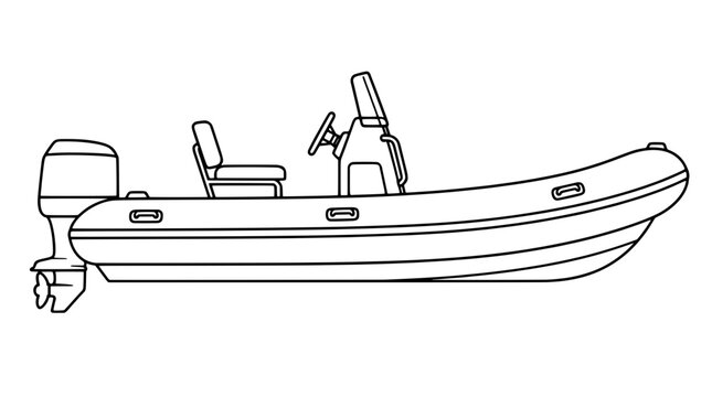Black outline vector icon of a rigid inflatable boat in side view with buoyant tubes, central steering console, bucket seat and rear outboard motor drawn with medium lines in clean marine profile