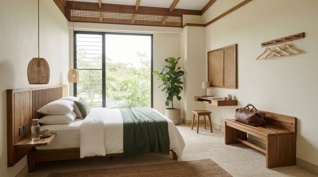 Bedroom with woven pendant lamps and green bed runner beside tropical foliage