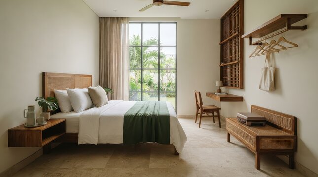 Bedroom with cane furniture and green bed runner facing a tropical garden