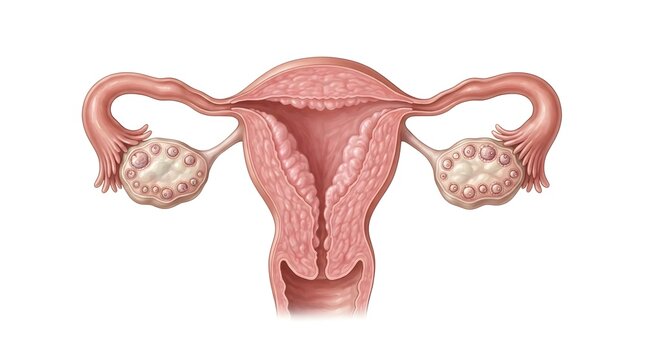 Thickened Endometrium and Polycystic Ovaries in PMOS (formerly PCOS) Uterus Coronal Section