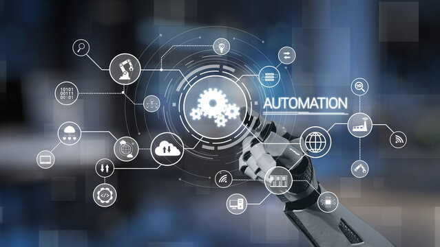 Close-up of a robotic arm displaying automation symbols, emphasizing the integration of technology in modern industry and the evolution of workflows for enhanced efficiency. Salient