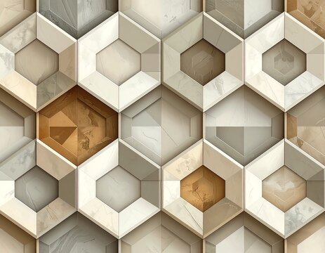 模様　Geometric 3D Cube Pattern with Architectural White and Beige Shapes