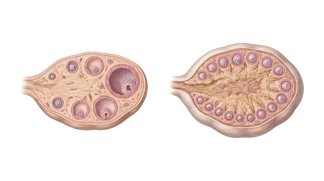 Healthy Ovary vs Polyendocrine Metabolic Ovarian Syndrome (PMOS, formerly PCOS) Cross-Section Comparison