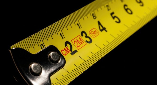 Close up of a yellow measuring tape with centimeters and inches marked isolated on a black background