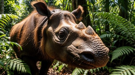 Obraz premium Close up portrait of rare Sumatran rhino in green jungle. Hairy skin, small horns visible on endangered mammal. Wild animal walks through tropical forest plants under midday sun. Exotic wildlife