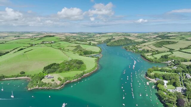 Salcombe and Mill Bay over Kingsbridge Estuary from a drone, Batson Creek, Southpool Creek, Devon, England, United Kingdom
