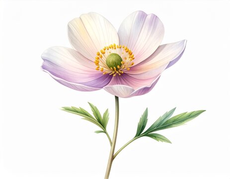 花　Pastel Cosmos Flower with Delicate Green Leaves Isolated on a White Background