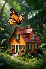 Obraz premium Small orange miniature house sits in rich green garden. Large monarch butterfly lands on red roof of tiny cottage. Beautiful macro shot shows whimsical garden decor with plants, flowers, spring