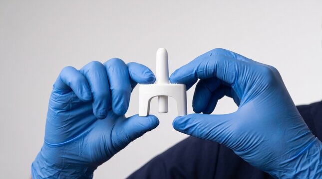 Addiction medicine: Gloved hands demonstrate naloxone nasal spray for opioid overdose emergency response