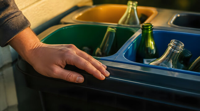 Persons Hand Placing Glass Bottles into Recycling Bins for Sustainable Waste Management
