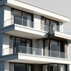 Fototapeta premium Modern white residential building features luxury apartments with large glass balconies. Minimalist architecture shows spacious terrace with transparent railings, big windows. Contemporary real