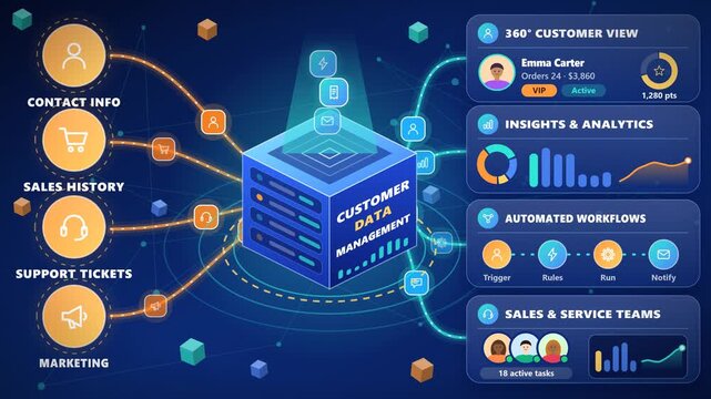 Customer Data Management CRM system processing digital information on a 3D isometric dashboard with animated analytics and workflow icons