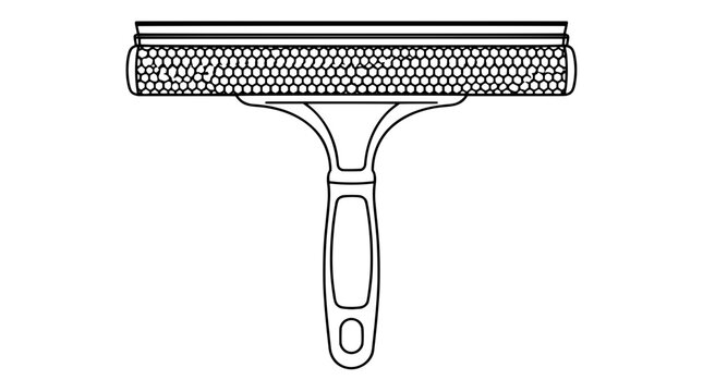 Black outline vector icon of a windshield squeegee with honeycomb scrubbing mesh, wide rubber blade and T-shaped handle plus oval grip hole drawn with thin lines in centered vertical alignment
