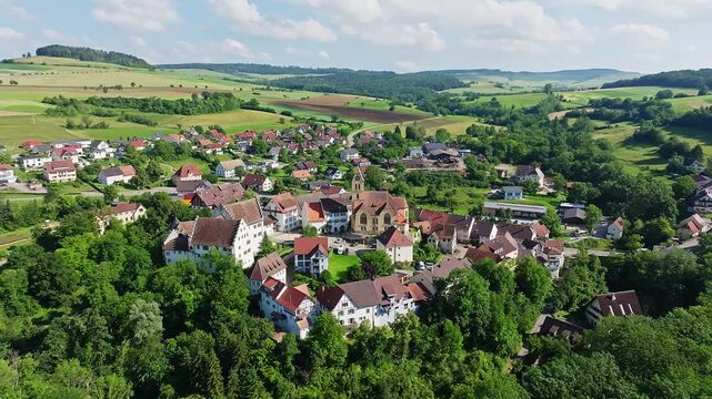 Aerial view of flower field, district of the southern Baden town of Tengen with flower field Castle and the parish church of St Michael, Hegau, district of Constance, Baden-W&uuml;rttemberg, Germany