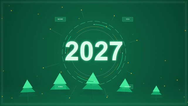A harmonious blend of organic vector elements and a digital data interface (HUD) showcasing sustainability progress for the new year 2027.