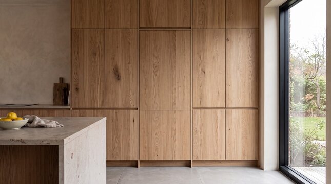 Minimalist Integrated Refrigerator Cabinetry in Soft Overcast Light
