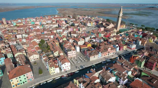 Drone image of Burano Island, Venice, Veneto, Italy